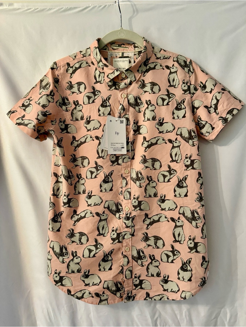 Denim & Flower Short-Sleeve Button-Down Shirt with Rabbit Print - NWT 13/14